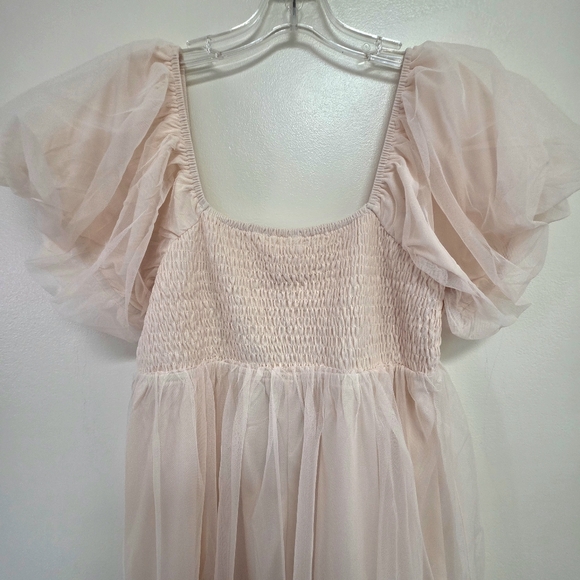 Soft Pink Tulle Puff Sleeve Babydoll  Dress Size L - Picture 8 of 10